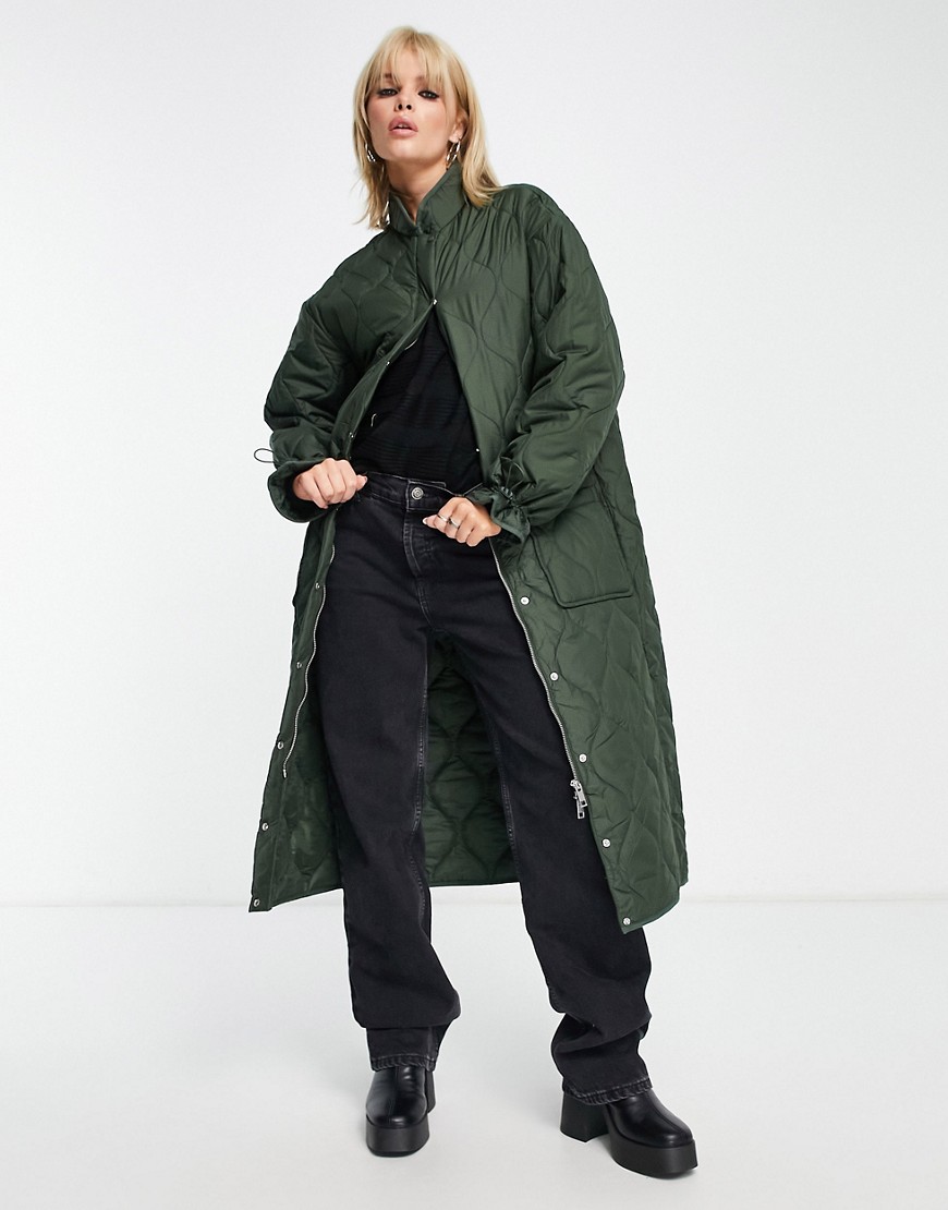 onion quilted midi coat in khaki-Green