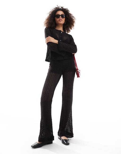 Object - Open gebreide flare-broek in zwart, deel van co-ord set