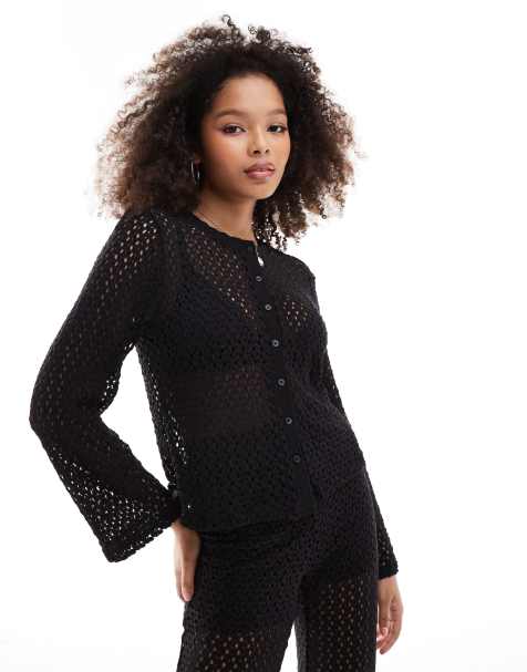 Object open knit button down cardigan co-ord in black - view 1