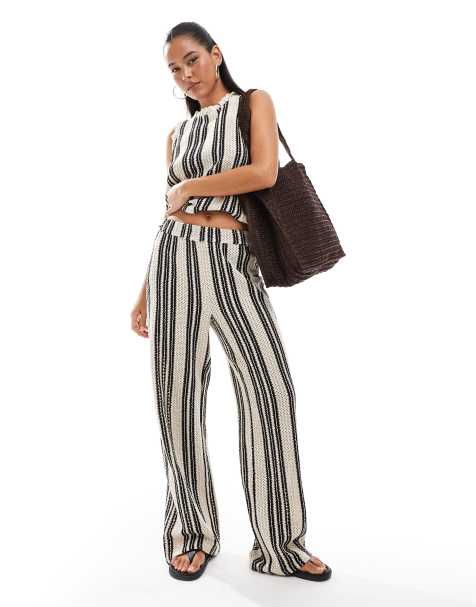 Object open knit wide leg trouser co-ord in monochrome stripe - view 1
