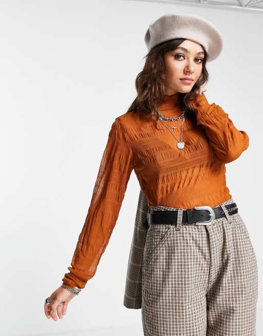 Object – Orange, långärmad topp med hög krage och skir textur