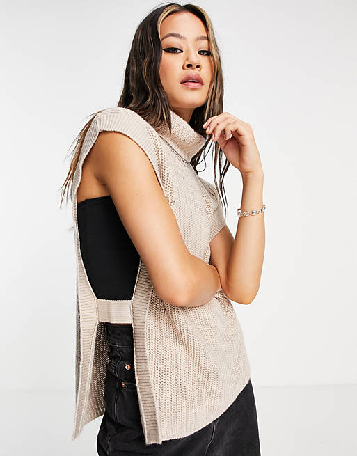 Object cotton blend knitted high neck vest in cream - CREAM