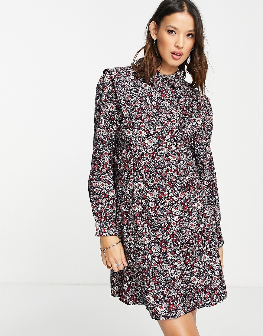 Object organic cotton long sleeve button front dress in floral-Multi