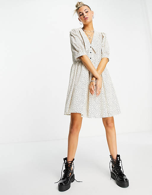 Object cotton mini smock dress with collar in spot print - CREAM
