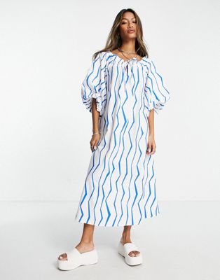 Object cotton puff sleeve midi dress in blue swirl - WHITE