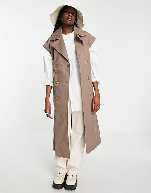 Object cotton sleeveless trench coat in brown - BROWN