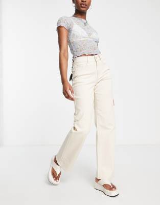 Object Cotton Wide Leg Dad Jeans In Ecru - Stone-neutral