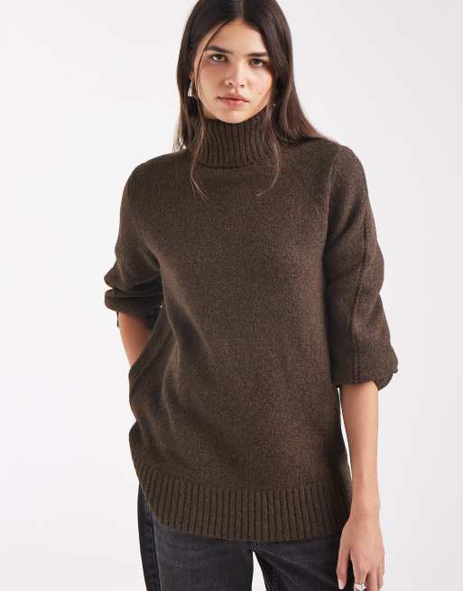 Object oversize sweter dzianinowy z golfem w kolorze czekoladowobrązowym, 2 z 4