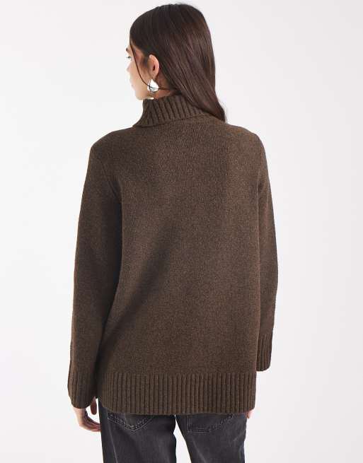 Object oversize sweter dzianinowy z golfem w kolorze czekoladowobrązowym, 4 z 4