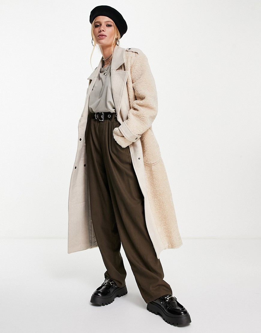 Object oversized coat with teddy inserts in beige-Grey