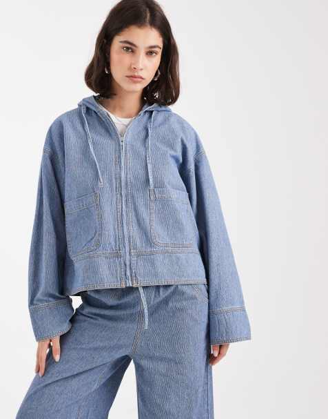 Object oversized denim hoodie jacket co-ord in light blue wash - view 1