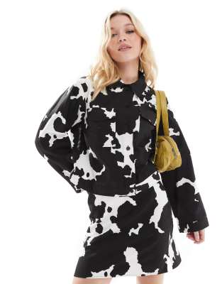 oversized denim jacket in chocolate cow print - part of a set-Multi