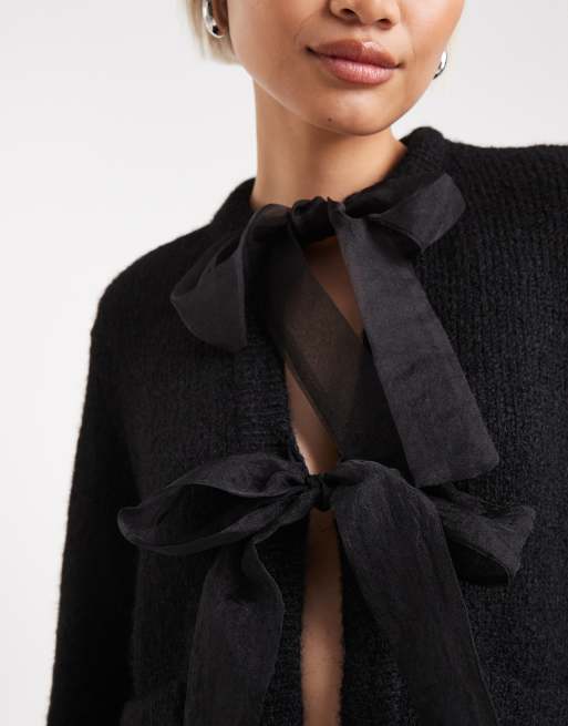 Object - Oversized gebreid vest van satijn met strik in zwart, 3 van 4