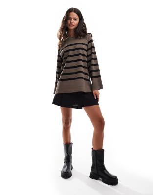 oversized knitted stripe sweater in brown and black-Multi