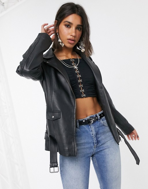 Object oversized longline leather jacket in black