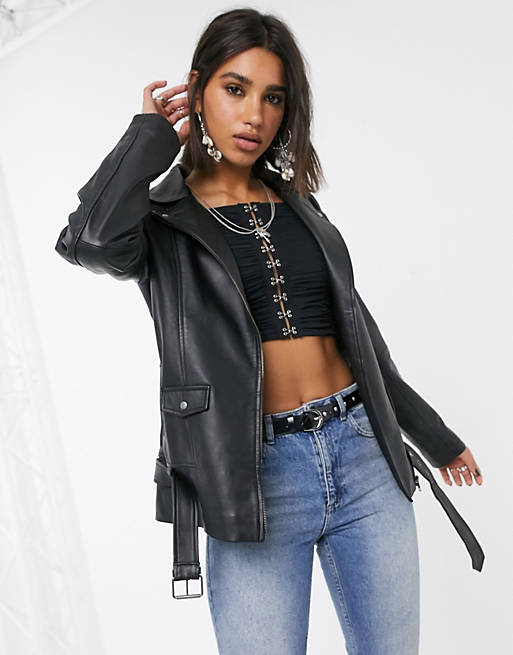 Object oversized longline leather jacket in black | ASOS