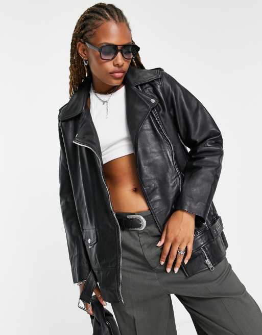 Object oversized real leather biker jacket in black | ASOS