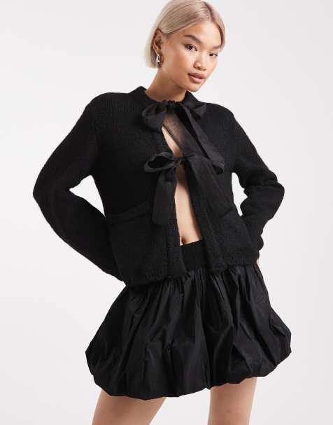 Object oversized satin bow knit cardigan in black - view 1