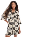 [Object] Object oversized shirt in mono tile print (Part of a set)-White 38 SANDSHELL BLACK