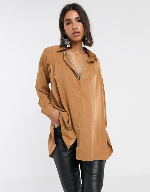 Object oversized shirt with pleat detail in camel