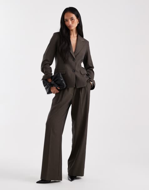 Object oversized tailored blazer and pleat front detail wide leg pants set in brown - view 1