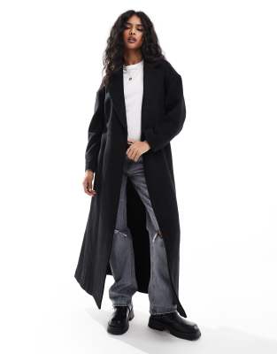 oversized wool blend belted coat in black