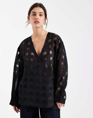 Object Object oversized wrap front sheer blouse in black check pattern