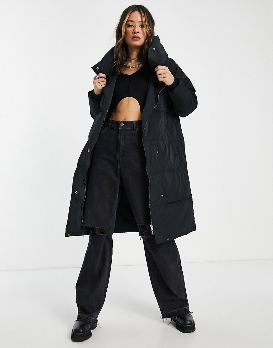 Object padded down coat with funnel neck in black