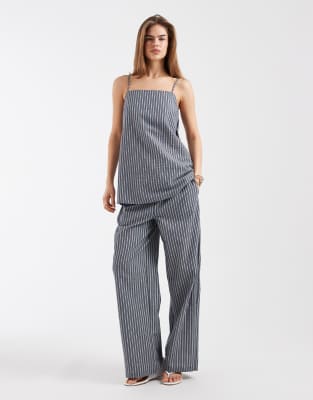 Pantalon large d'ensemble à rayures avec liens à la taille - Bleu-Bleu marine 34