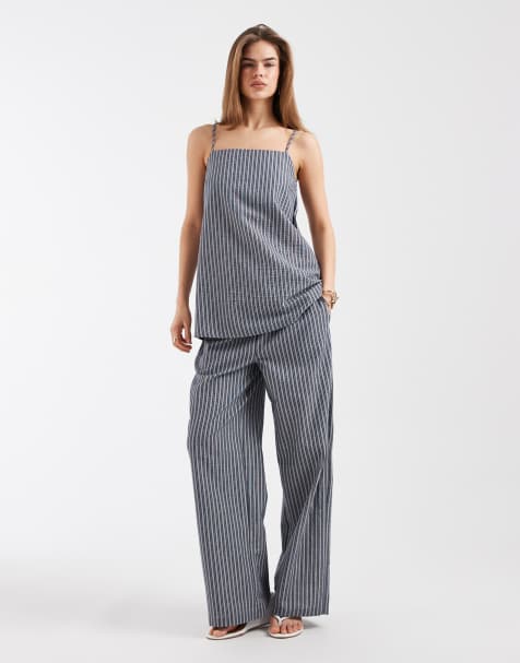 Object - Pantalon large d'ensemble à rayures avec liens à la taille - Bleu - view 1