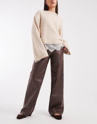 Pantalon large en similicuir enduit - Chocolat-Brown 38