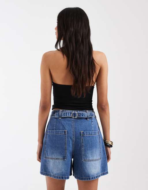 Object - Pantaloncini ampi a vita alta in denim lavaggio blu medio, 4 di 5