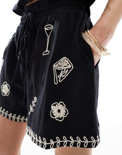 Object - Pantaloncini ricamati neri in jersey in coordinato, 5 di 5
