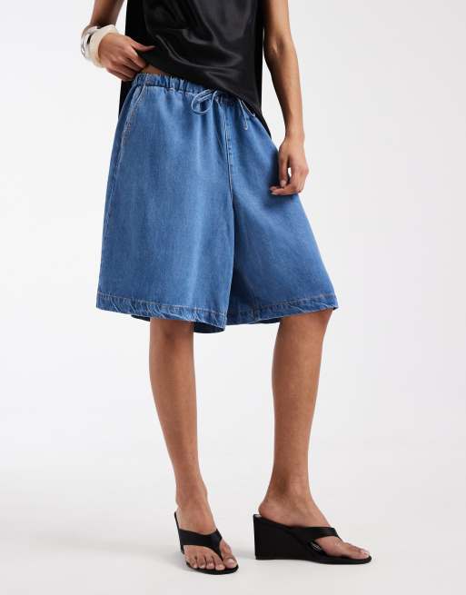 Object - Pantaloncini taglio lungo in chambray drappeggiato allacciati in vita in denim azzurro, 2 di 5