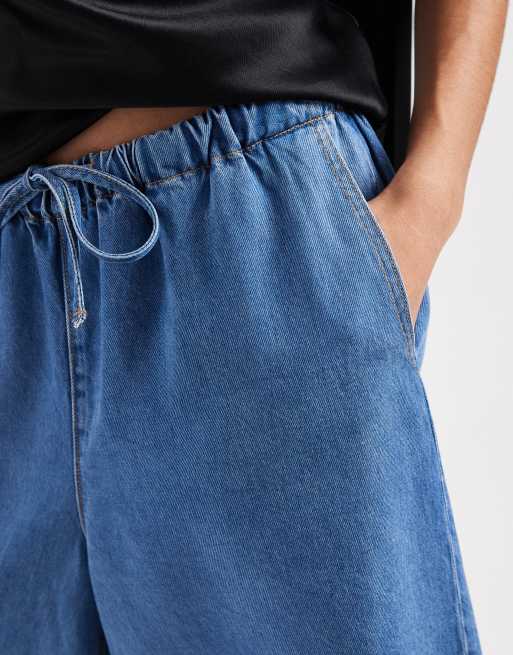 Object - Pantaloncini taglio lungo in chambray drappeggiato allacciati in vita in denim azzurro, 3 di 5