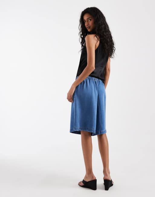 Object - Pantaloncini taglio lungo in chambray drappeggiato allacciati in vita in denim azzurro, 4 di 5