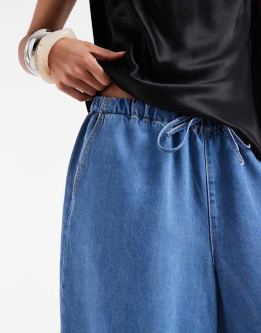 Object - Pantaloncini taglio lungo in chambray drappeggiato allacciati in vita in denim azzurro, 5 di 5