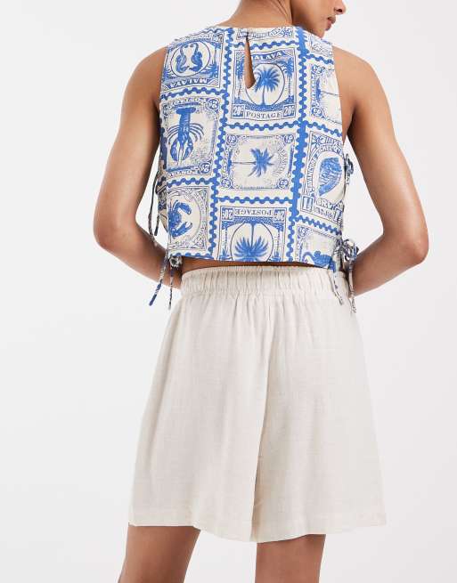 Object - Pantalones cortos beis arena sueltos con lazada en la cintura de tejido efecto lino, 4 de 5