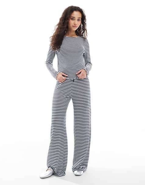 Object - Pantaloni a fondo ampio in jersey blu navy a righe a coste in coordinato - view 1