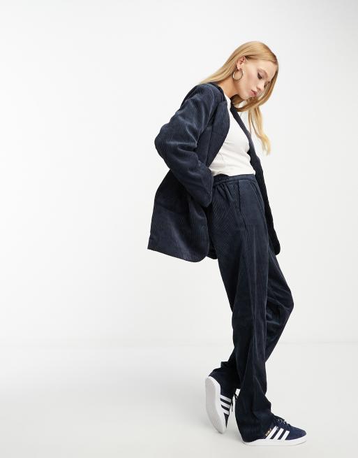 Object - Pantaloni affusolati in tessuto a coste, colore blu navy in coordinato  