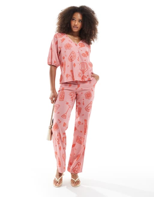 Object - Pantaloni ampi a vita alta rosa con stampa di disegni in coordinato
