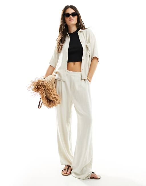 Object - Pantaloni in misto lino color avena allacciati in vita in coordinato