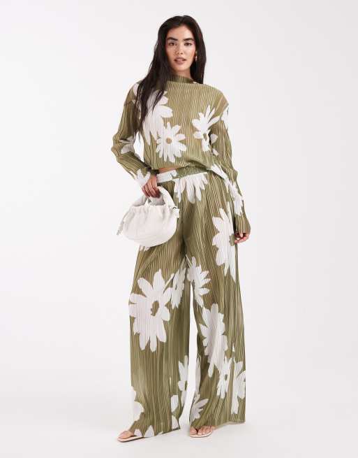 Object - Pantaloni plissé a fondo ampio oliva con stampa a fiori in coordinato