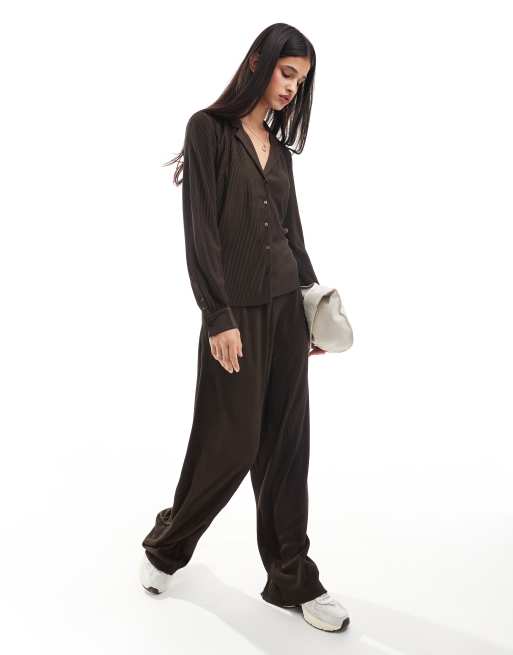 Object - Pantaloni plissé marrone cioccolato in coordinato