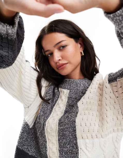 Object patch knit sweater in gray and cream - view 1