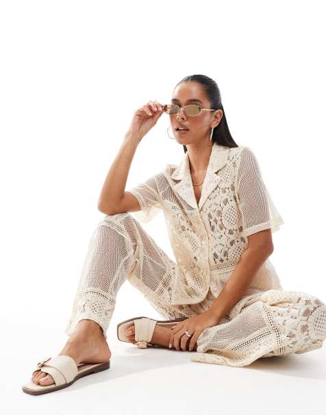 Object patched crochet shirt and trouser co-ord in cream - view 1