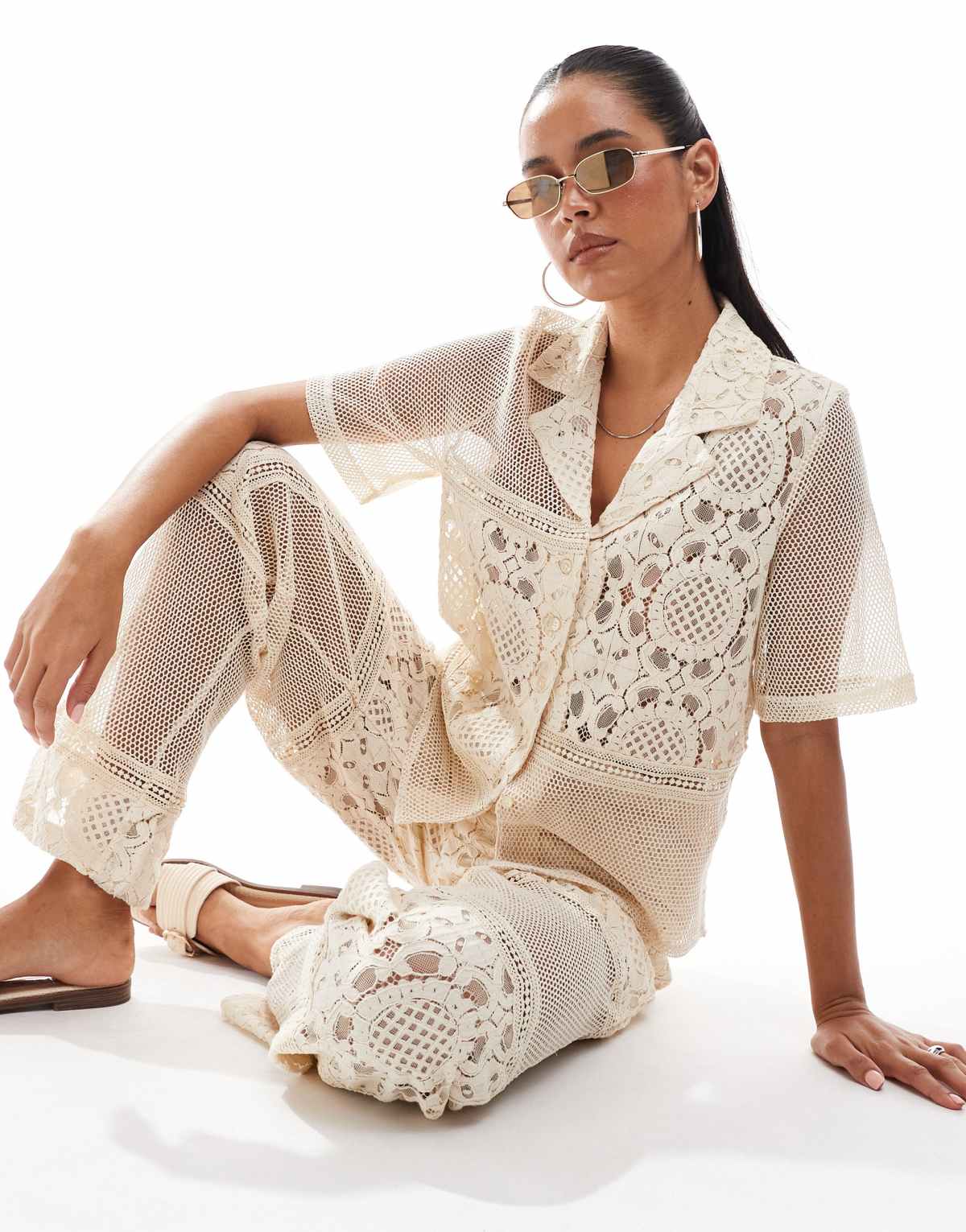 Object patched crochet shirt co-ord in cream
