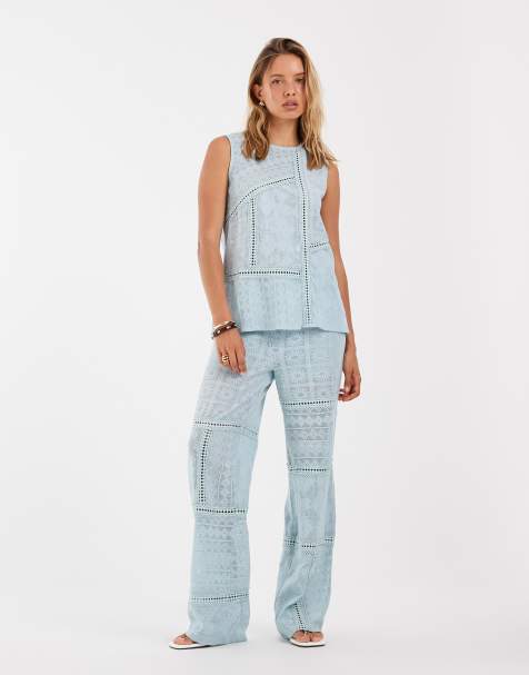 Object – Patchwork-Hose aus Häkelstoff und Spitze in Himmelblau, Kombiteil - view 1