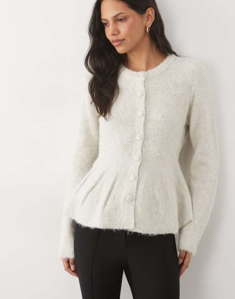 Object peplum knitted cardigan in cream - view 1