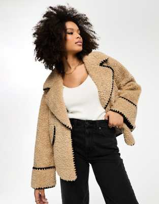 Object - Pilotenjacke aus Teddyfell in Biskuitbeige mit Ziernähten in Kontrastfarbe-Neutral